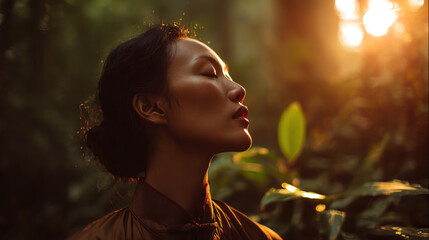 A serene portrait of a woman in nature, embodying peace and connection with the environment under warm sunlight.