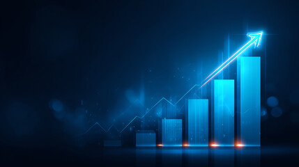 A visually striking graphic representing growth and success with a blue arrow and increasing bar chart, symbolizing progress.