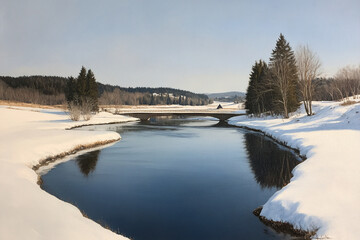 Obraz premium Winter landscape with soft blue shadows cast on pristine snow