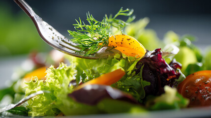 A fresh salad with vibrant greens and colorful vegetables, highlighting healthy eating and culinary art.