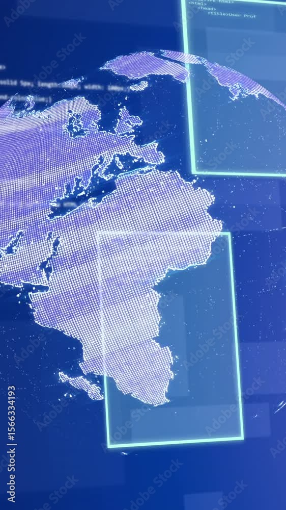 Poster animation of globe and data processing over digital screens