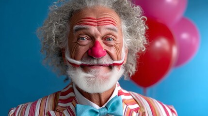 Man with a red nose and red paint on his face is smiling at the camera