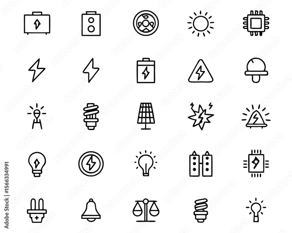 Poster comprehensive collection of electrical energy symbols and power related graphical elements featuring