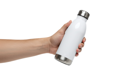 Hand holding white steel cap water bottle mockup isolated on a transparent background