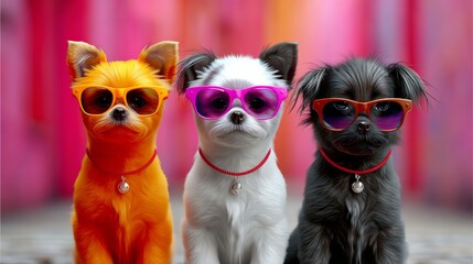 Fototapeta premium Three dogs wearing sunglasses and colorful collars sit on a pink background. The dogs are wearing different colored sunglasses, with one wearing pink, one wearing orange, and one wearing black