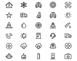 Fototapeta premium Comprehensive collection of essential emergency and safety symbols featuring clear outlines for evacuation routes alerts and critical situation guidance