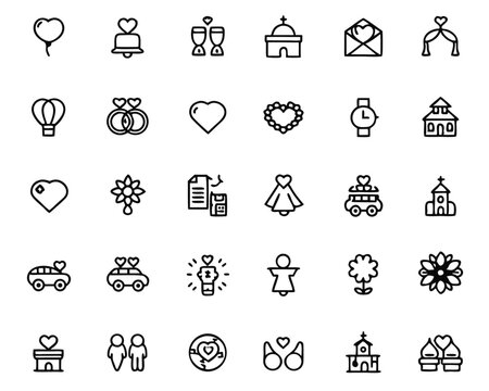 Comprehensive collection of simple line art symbols representing family connections relationships and significant life events like unions and celebrations presented in a clean graphic format