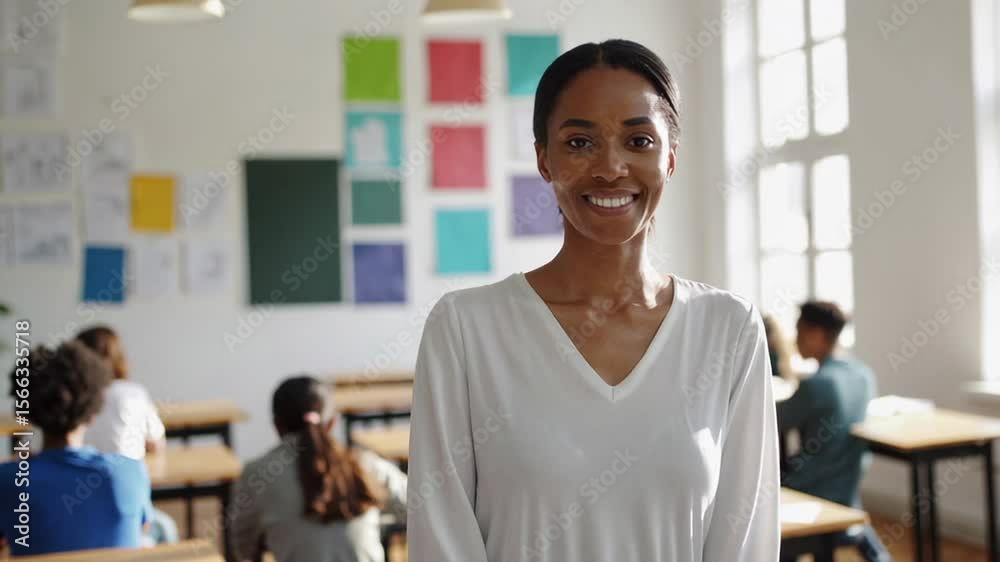 Poster professional female educator smiling confidently while standing in classroom with students blurred i