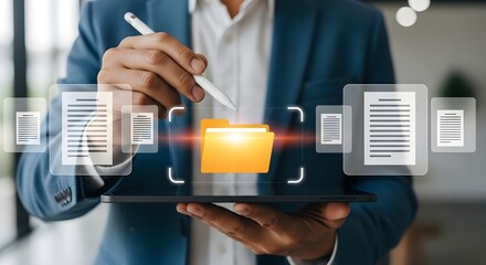 A person in a suit using a stylus on a tablet, interacting with digital documents.