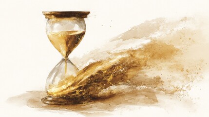 Antique hourglass glowing with warm golden light illuminating flowing sand grains softly on white background with soft sepia wash and loose texture