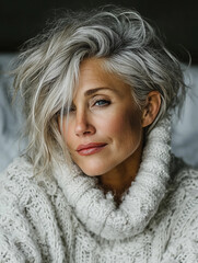 Modern silver hairstyle mature woman cozy knit sweater confident beauty portrait hairdresser inspiration stylish haircut texture gray hair fashion editorial aging gracefully lifestyle campaign ad