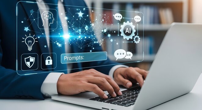 Businessman using laptop with AI-related interface overlay.