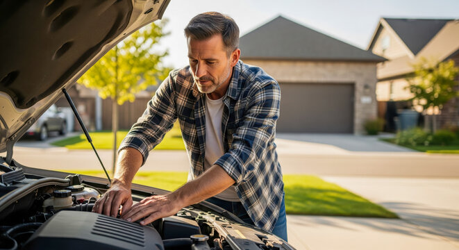 Man Inspecting Car Engine in Suburban Driveway