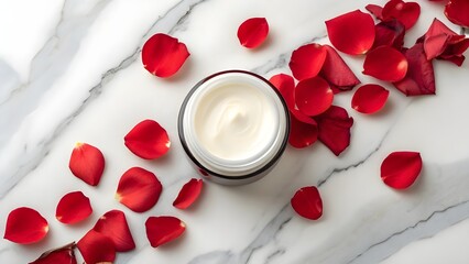 Organic cream in a jar surrounded by red flower petals on a marble surface. Captured from above, this flat lay showcases a natural beauty product. Perfect for skincare and body care enthusiasts!