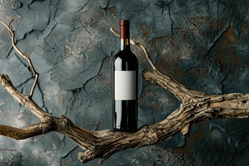 High Definition Image of Wine Bottle on a Wooden Branch