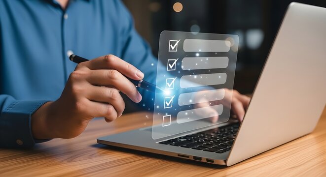 Person using laptop, interacting with a digital checklist, completing tasks.