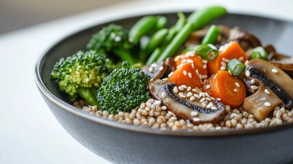 A bowl with cooked buckwheat, carrot, broccoli, mushrooms and sesame seeds