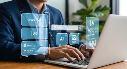 A man types on a laptop with digital overlays displaying news, AI, and data visualizations.
