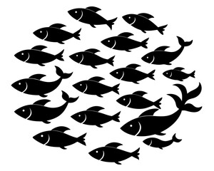 Fototapeta premium A school of small fish swimming in a curved formation underwater depicted as a cohesive group icon with vibrant colors