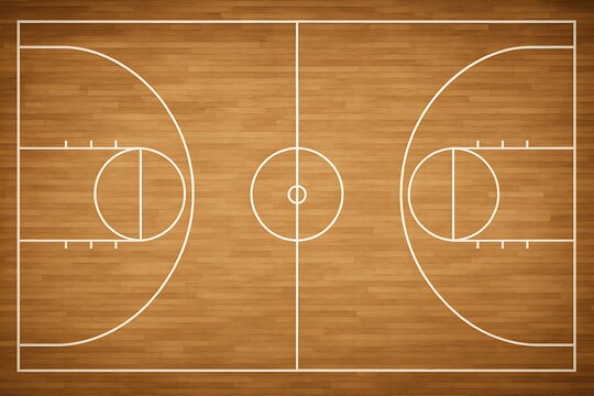 Overhead perspective of a hardwood basketball court showing lines for gameplay and competition.