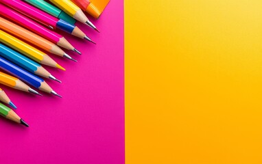 A vibrant arrangement of sharpened colored pencils on a pink and yellow split background.