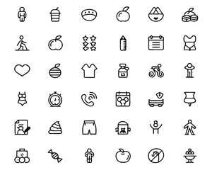 Comprehensive collection of thin line fitness and coaching symbols offering editable stroke weight for versatile application in digital and print media projects