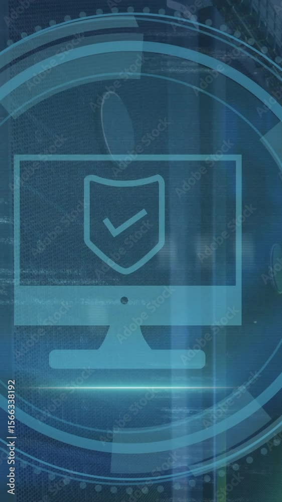 Poster animation of computer icon and data processing over computer servers