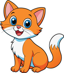A cute cartoon ginger kitten with a funny smile is sitting, an illustration of a domestic pet character with fur and a tail