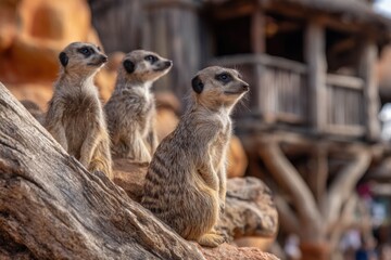 Fototapeta premium Group of four meerkats sitting on a rock in a desert environment with a wooden structure in the background, observing their surroundings attentively