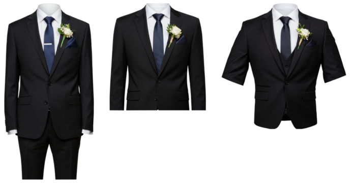 Black suit with tie and flower in three views on transparent background  