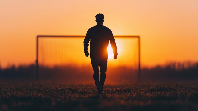 Silhouette of a person walking toward a soccer goal during a vibrant sunset on a grassy field.