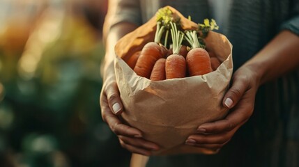 Close-up of hands holding a brown paper bag filled with fresh carrots