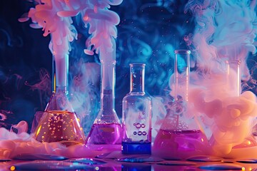 Pixel Perfect Image of Colorful Chemistry Experiment with Smoke and Lights