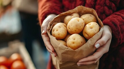 Close-up of hands holding a brown paper bag filled with fresh potatoes