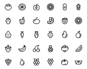 Collection of thin line graphic elements representing healthy food and nutritional concepts featuring editable stroke for customization and versatile application