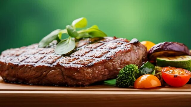 Grilled Steak on Wooden Plate with Herbs