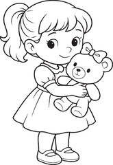 Obraz premium Cute Girl Holding Teddy Bear – Printable Kids Coloring Page