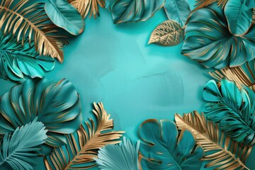 Flawless Visual of Turquoise Background with Shiny Blue and Golden Tropical Leaves