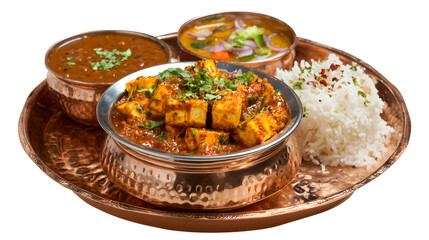 Traditional Thali Food Kadai Paneer Served With Dal Makhani isolated on a white background