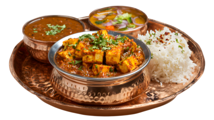 Traditional Thali Food Kadai Paneer Served With Dal Makhani isolated on a white background