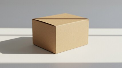 A small cardboard box is tightly closed on a clean white surface