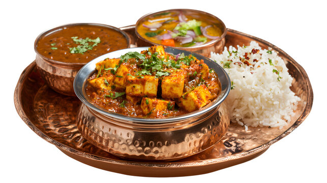 Traditional Thali Food Kadai Paneer Served With Dal Makhani isolated on a white background