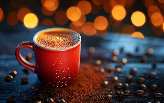 A red mug filled with frothy coffee sits on a dark surface surrounded by coffee beans and powder, with warm bokeh lights in the background. - Powered by Adobe