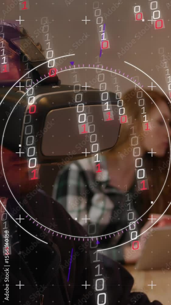 Poster animation of binary coding data processing over diverse business people in office