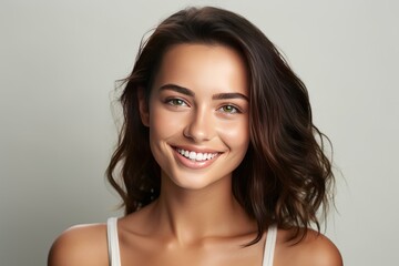 Naklejka premium Studio portrait of a beautiful young woman with long brown wavy hair smiling over a gray background