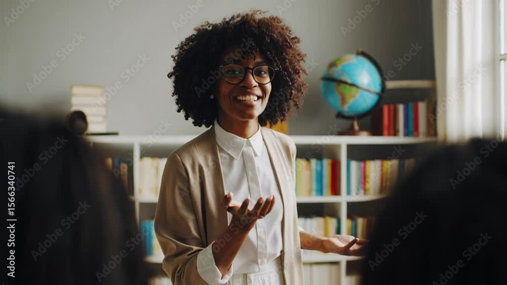 Poster Professional educator wearing glasses and light brown jacket engaging students during dynamic classroom discussion, gesturing expressively near bookshelf with globe
