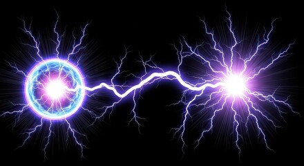 A lightning strike connects a blue orb to a bright light, creating a dramatic display against a black background for illustrations.