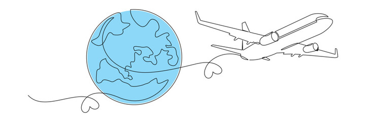 airplane flying around the earth with continuous lines drawing the globe.travel tourism concept