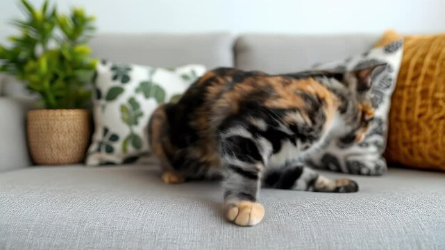 Adorable calico kitten resting on a gray couch, looking at camera