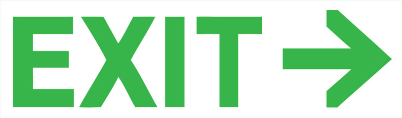Bright green exit sign with a directional arrow pointing to the right on a clean white background symbolizing a clear path forward and safety